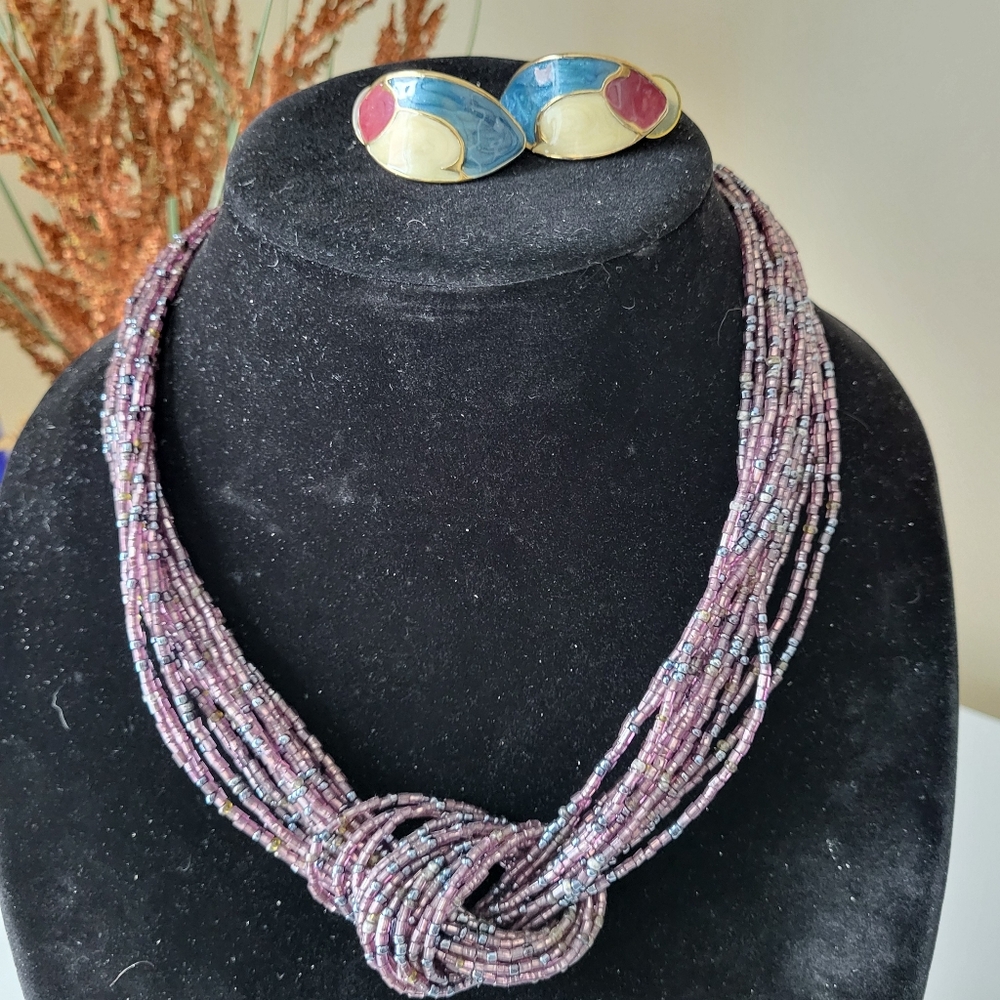 Purple Multistrand Knotted Seed Bead Necklace and Vintage Enamel Earrings